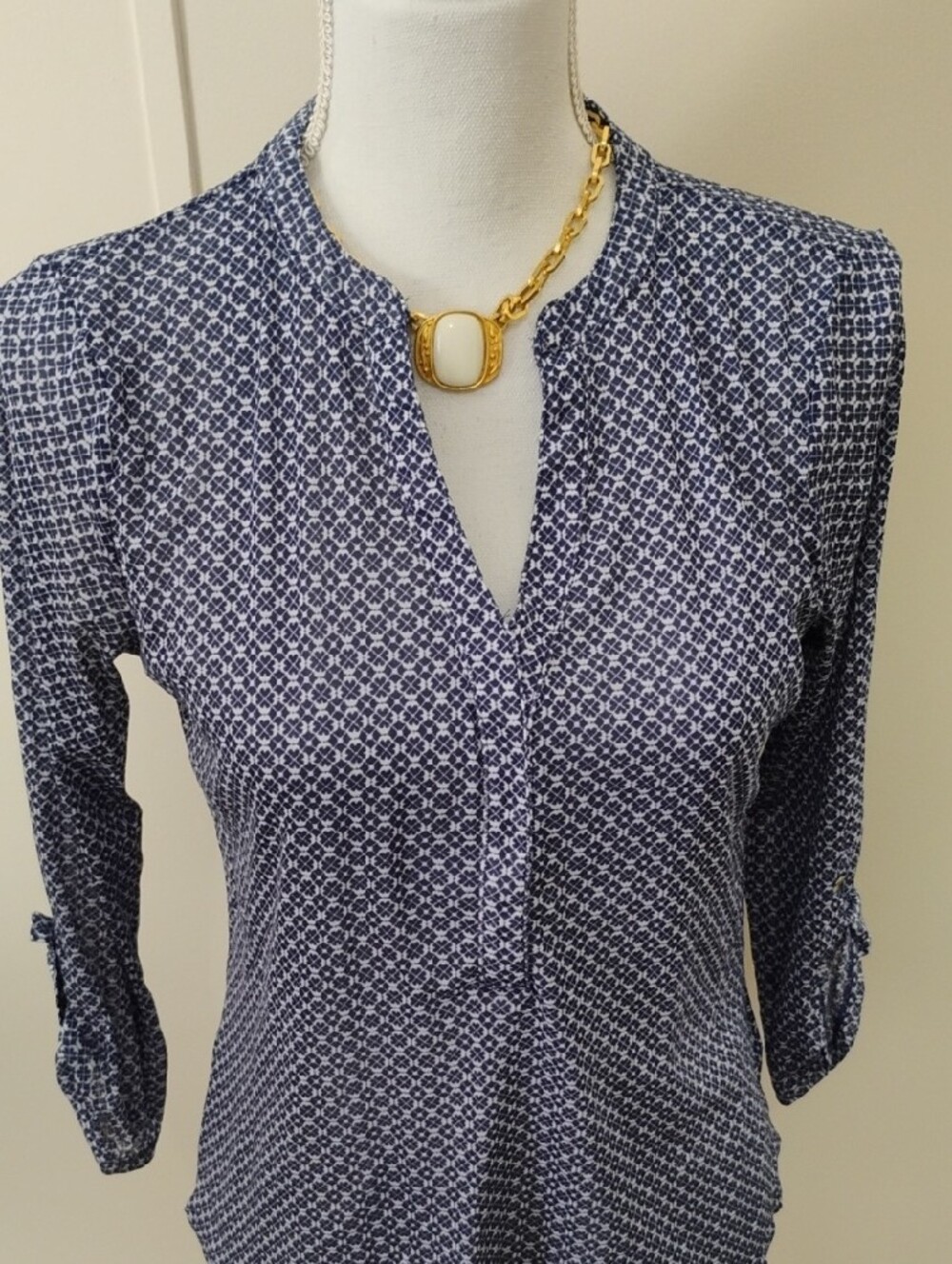 The Limited Navy and White Geometric Split-Neck Blouse - Picture 2 of 6